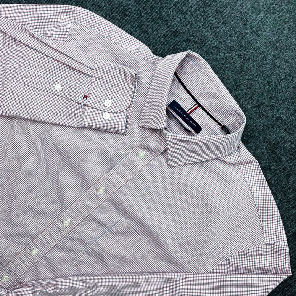 Tommy Hilfiger Mens Red Blue Check Stretch Button Down Shirt Regular Fit M 32/33